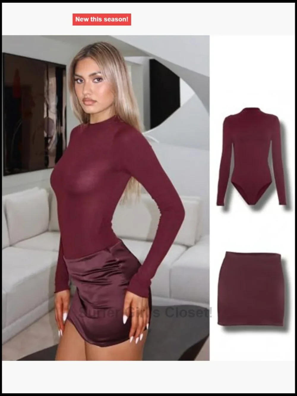 Womens Bodycon 2 Piece Mini Skirt Set Long Sleeve Mock Neck Bodysuit Top